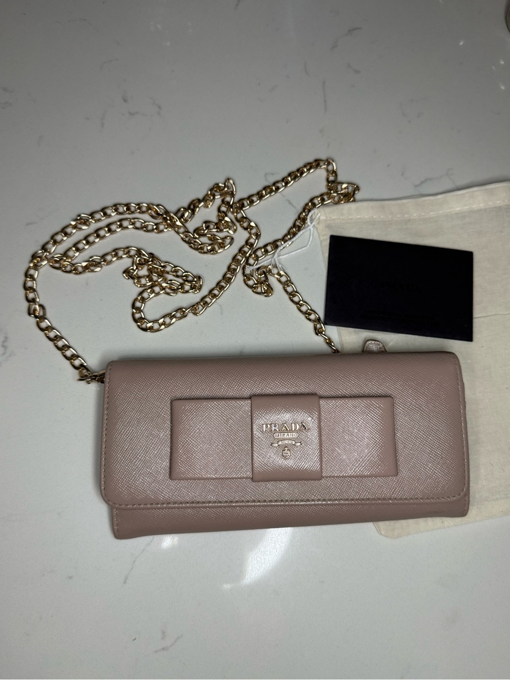 Prada Cammeo Saffiano Fiocco Wallet with Gold Chain & COA